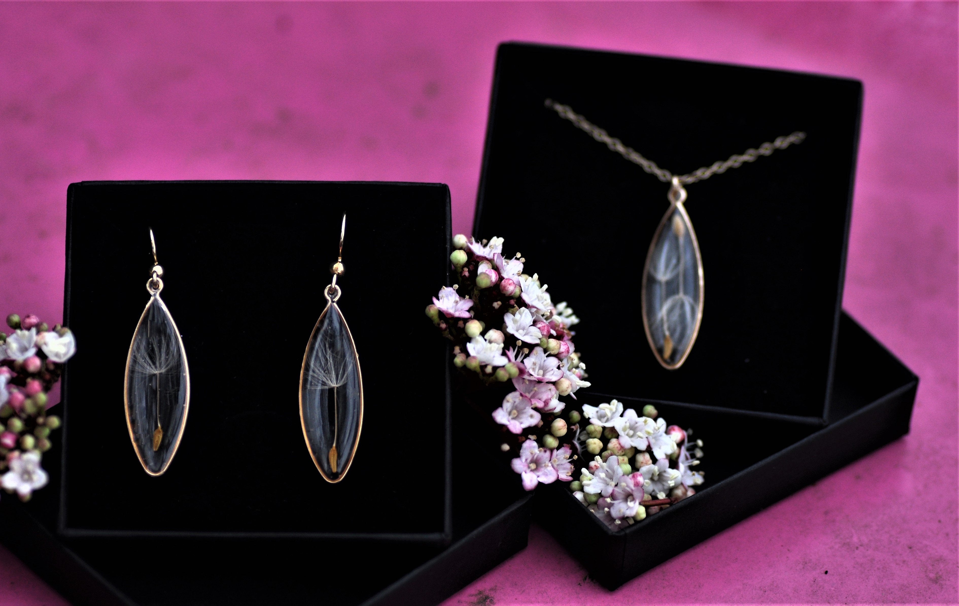 dandelion earrings and necklace in goldfill