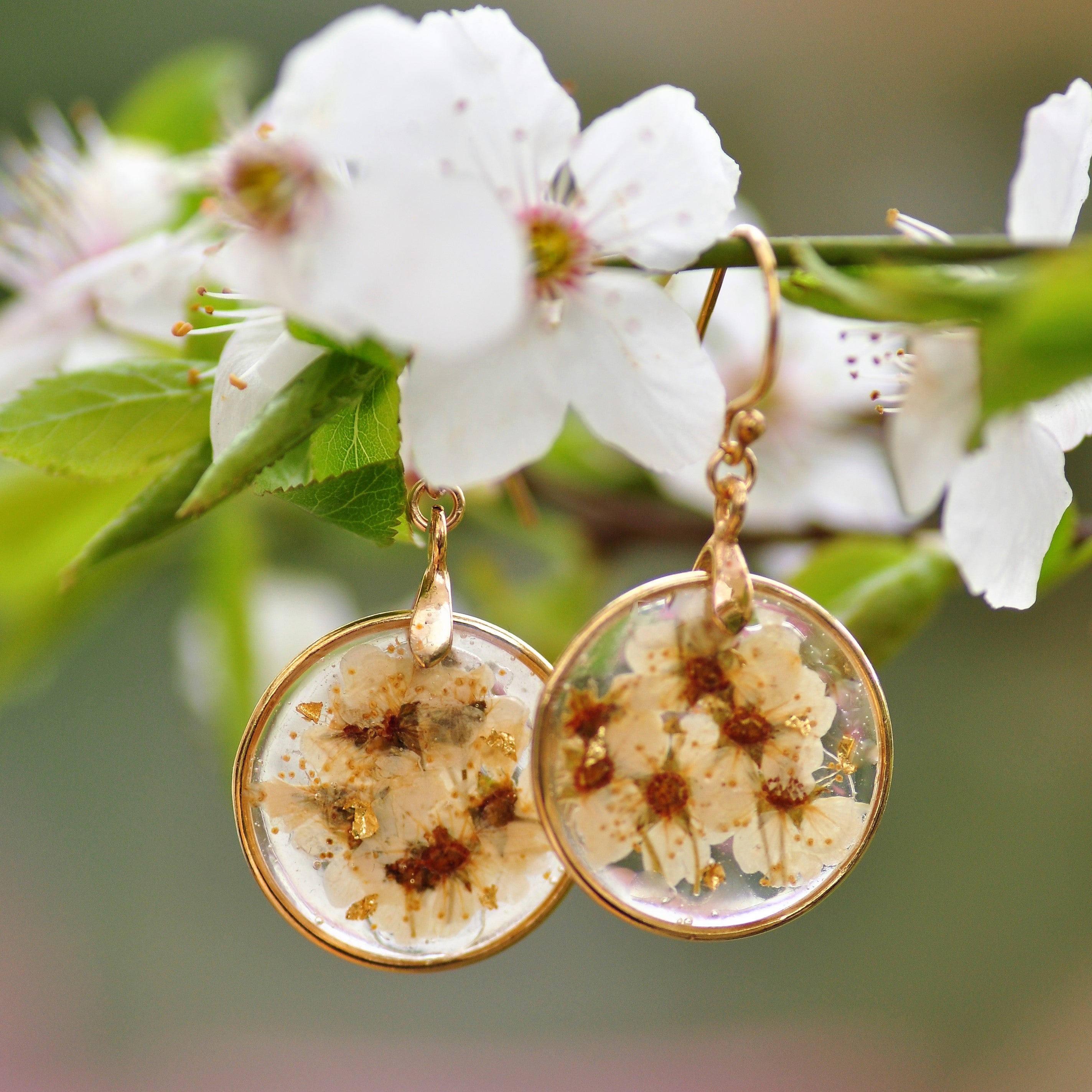 white blossom earrings Gold fill
