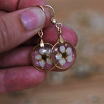gold filled dangle earrings with real flowers